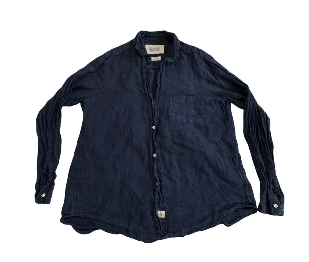 Grayson The Hero Navy Blue 100% Linen Button Up Shirt Size 03 Medium Long Sleeve